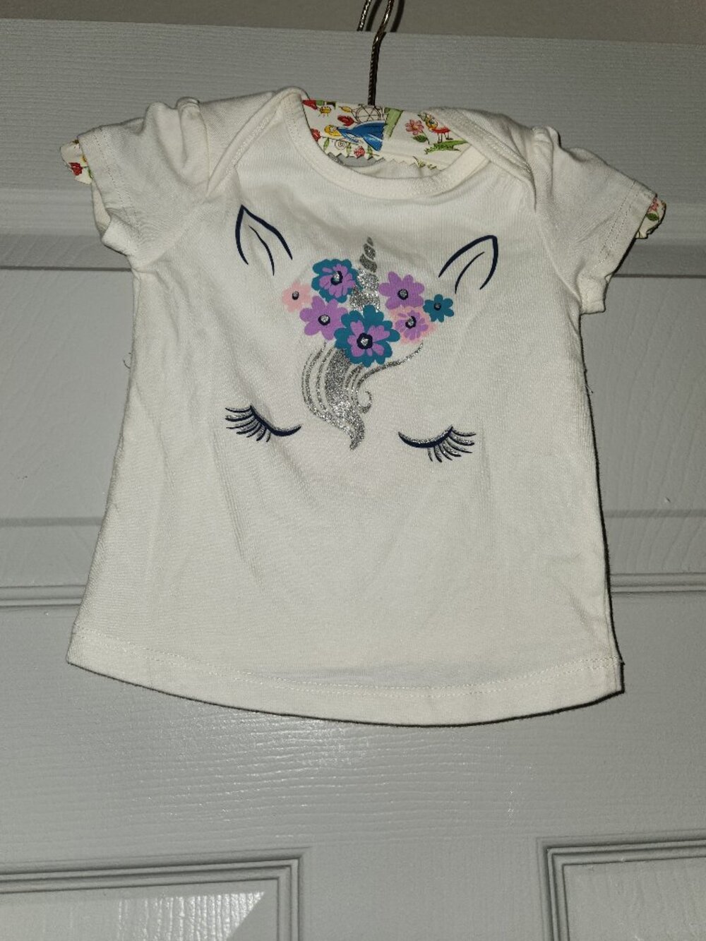 Wonder Nation Unicorn Floral Girls T Shirt 6-9M White Glitter Short Sleeve
